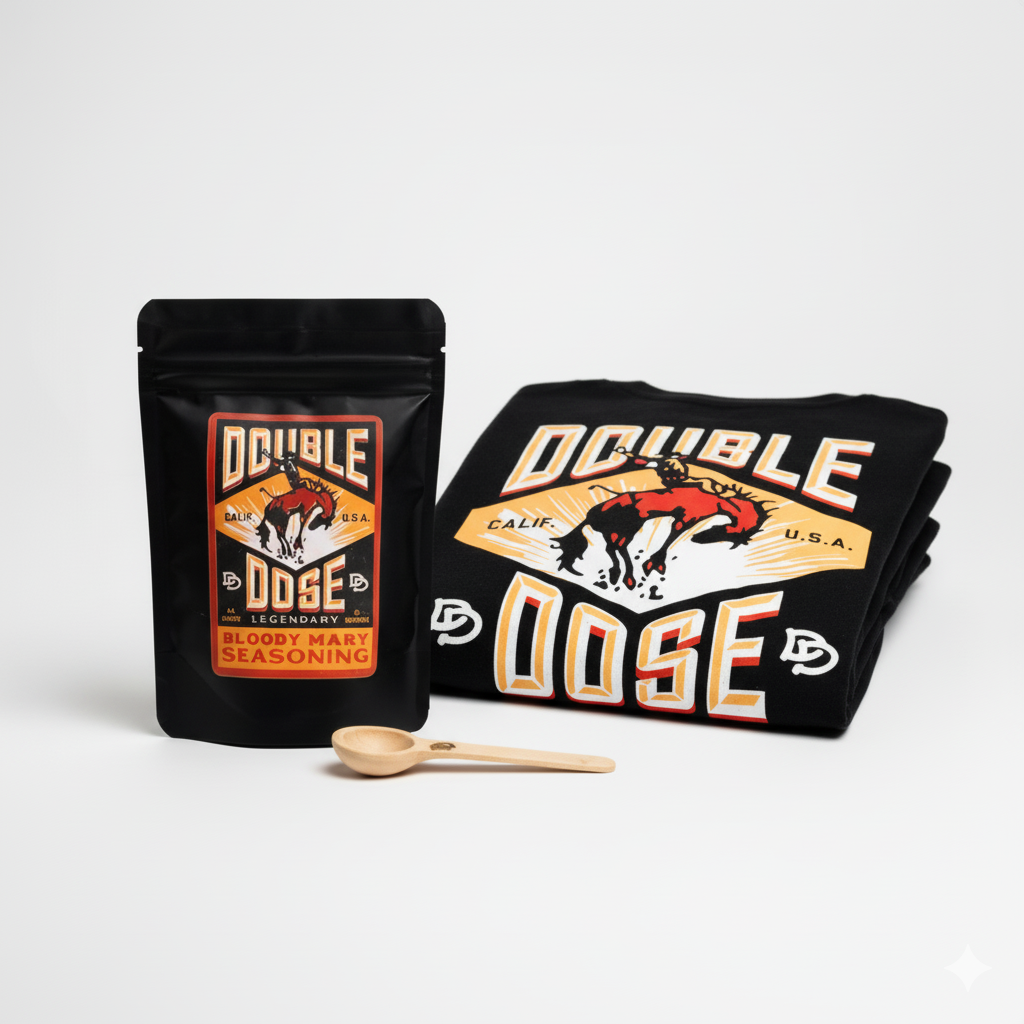 Double Dose Seasoning next to a black Double Dose T Shirt
